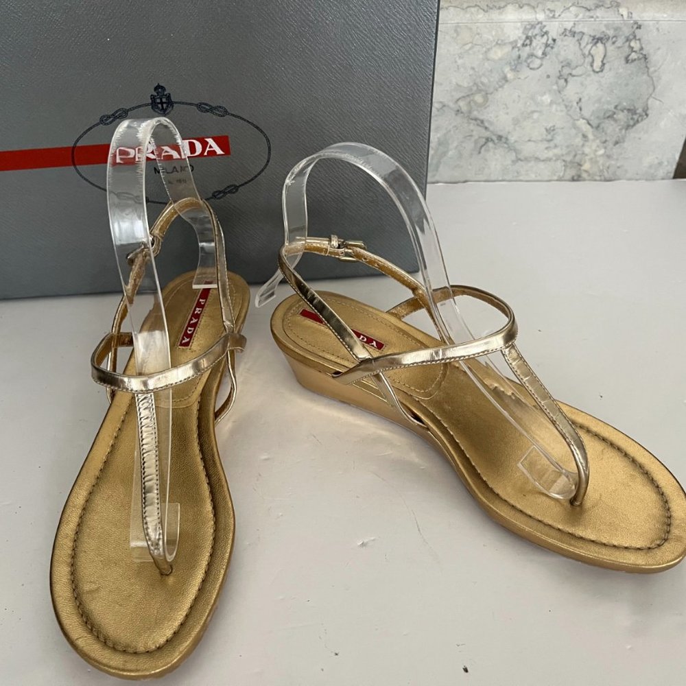 Gold Prada Wedge Platform Sandals - image 2